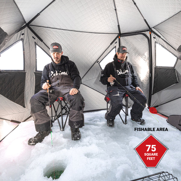 Eskimo FatFish 450i ice shelter featuring 75 square feet of fishable space