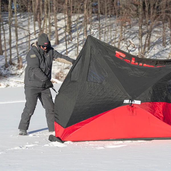Eskimo FatFish 450i ice shelter with built-in gear nets and mesh storage pockets
