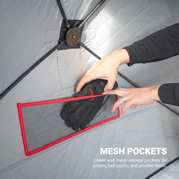 Eskimo FatFish 450i insulated ice shelter with deluxe cam strap tie-downs for windy conditions