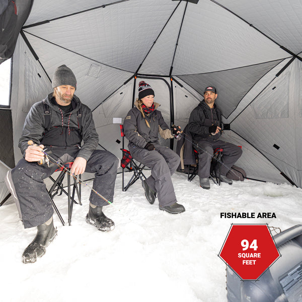 Eskimo FatFish 650i ice fishing shelter offering 94 square feet of fishable space