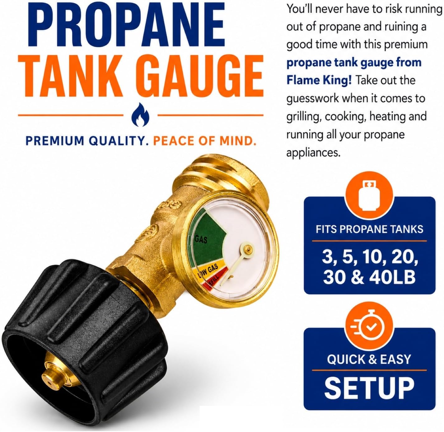 Propane gas level check gauge installed between propane tank and regulator connection