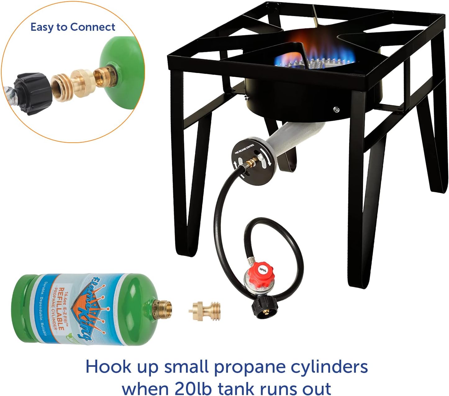 Portable gas stove with propane tank connection and small propane cylinder on a white background