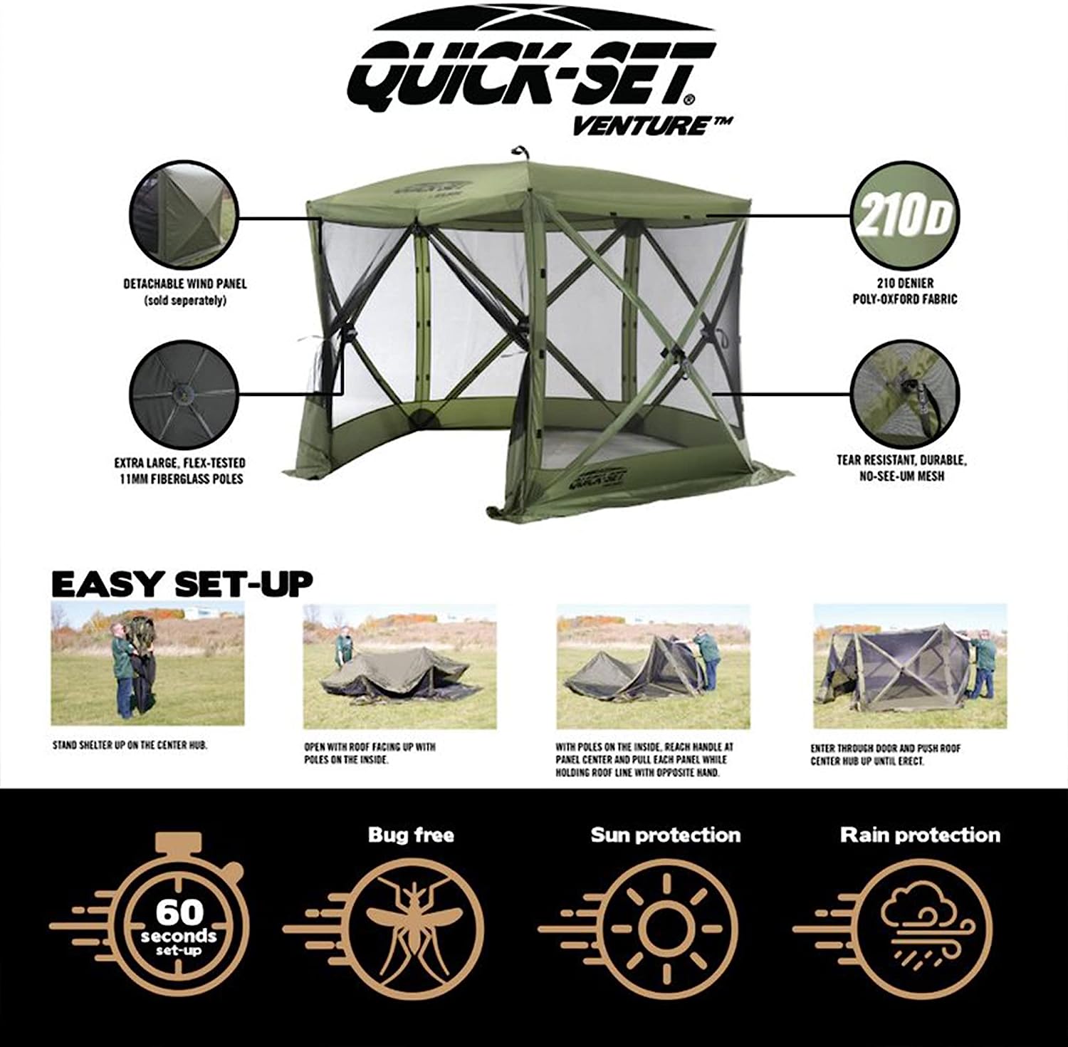 CLAM Quick-Set Venture 9 x 9 Foot Portable Pop-Up Outdoor Camping Gazebo Screen Tent 5 Sided Canopy Shelter with Ground Stakes and Carry Bag, Green- 115794