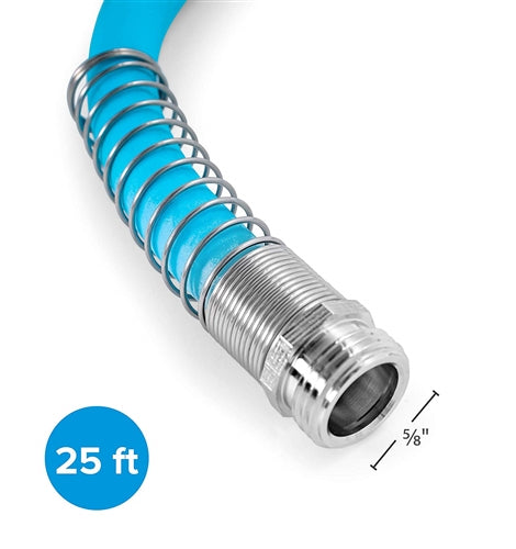 Blue 25-foot Camco EvoFlex RV drinking water hose with nickel-plated fittings