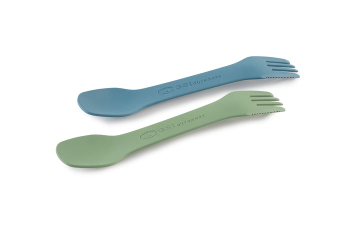 All-in-one fork, spoon, and knife utensil set for two, featuring dual-head design with a fork, serrated knife edge, and spoon.