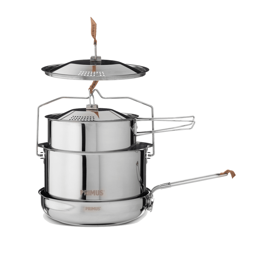 Stainless steel Campfire Cookset with pots and frying pan designed for open fire and camp stove cooking

