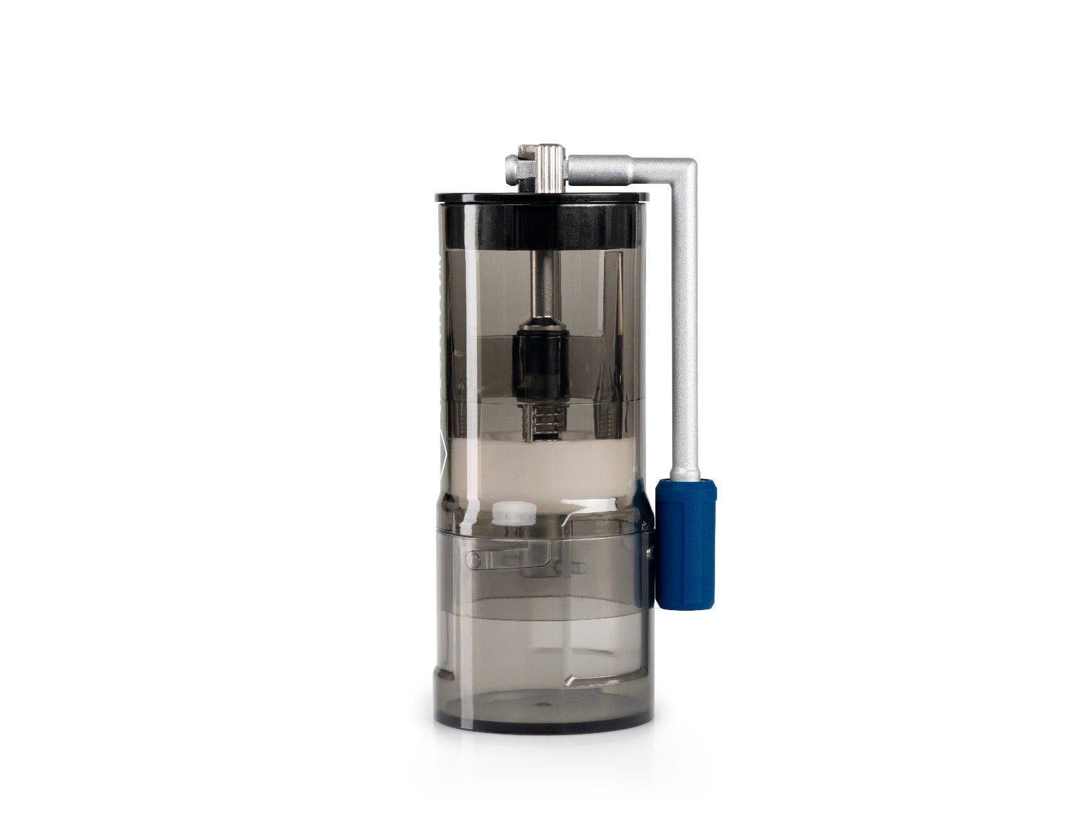 Portable stainless steel coffee grinder with locking grounds cup and ergonomic handle.