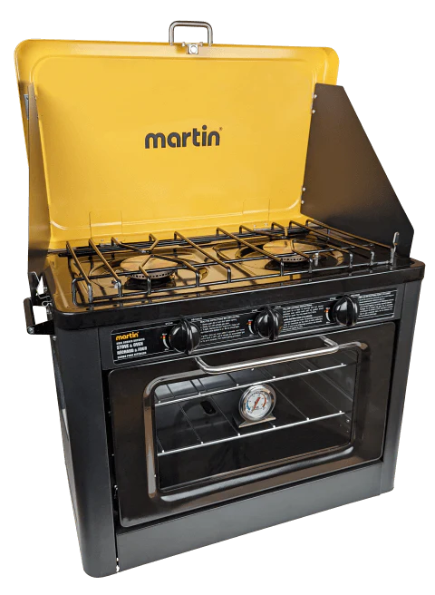Martin MOS-24 Portable Propane Stove and Oven with dual 10,000 BTU burners and built-in oven, ideal for outdoor cooking