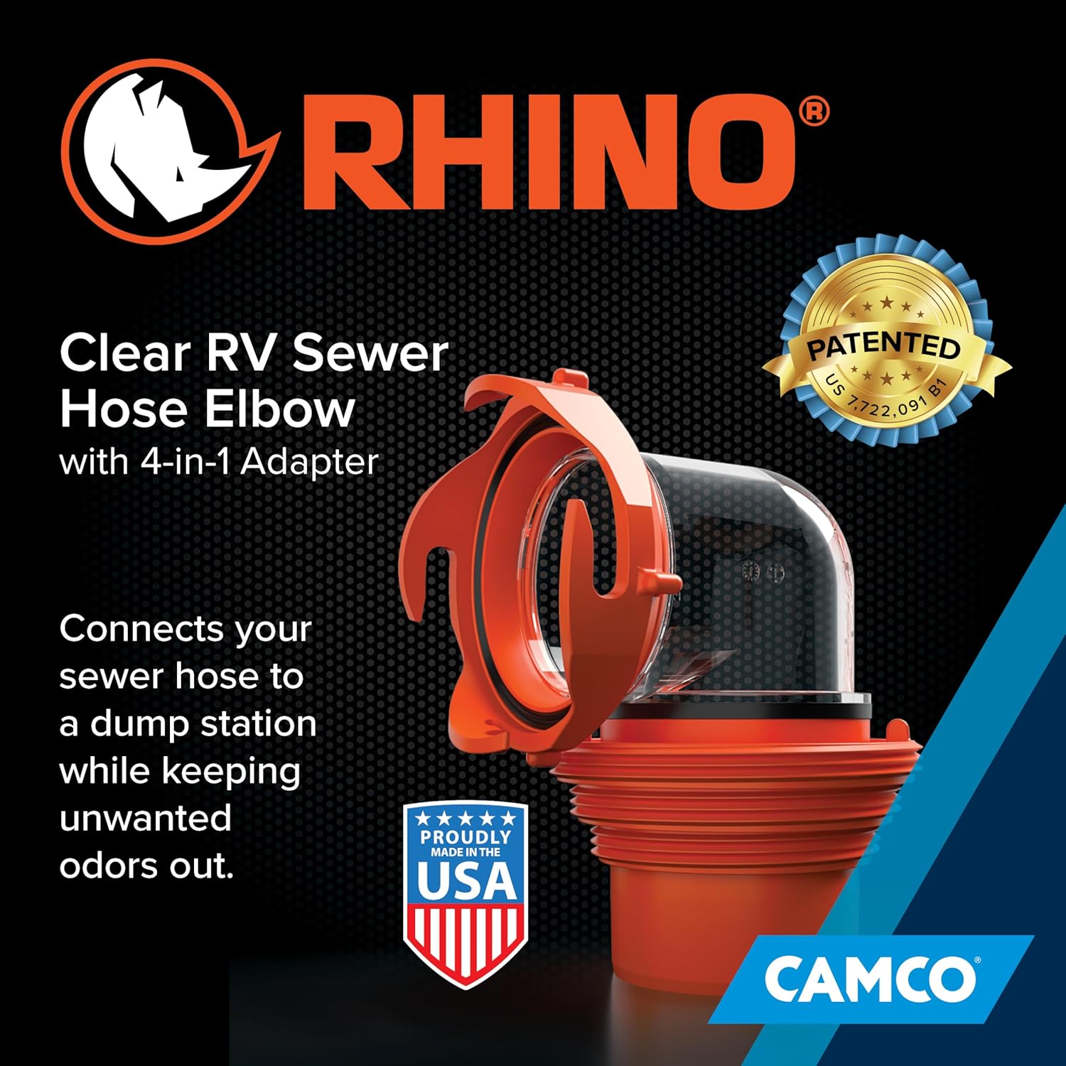 Clear Camco RhinoFLEX RV sewer elbow showing waste flow