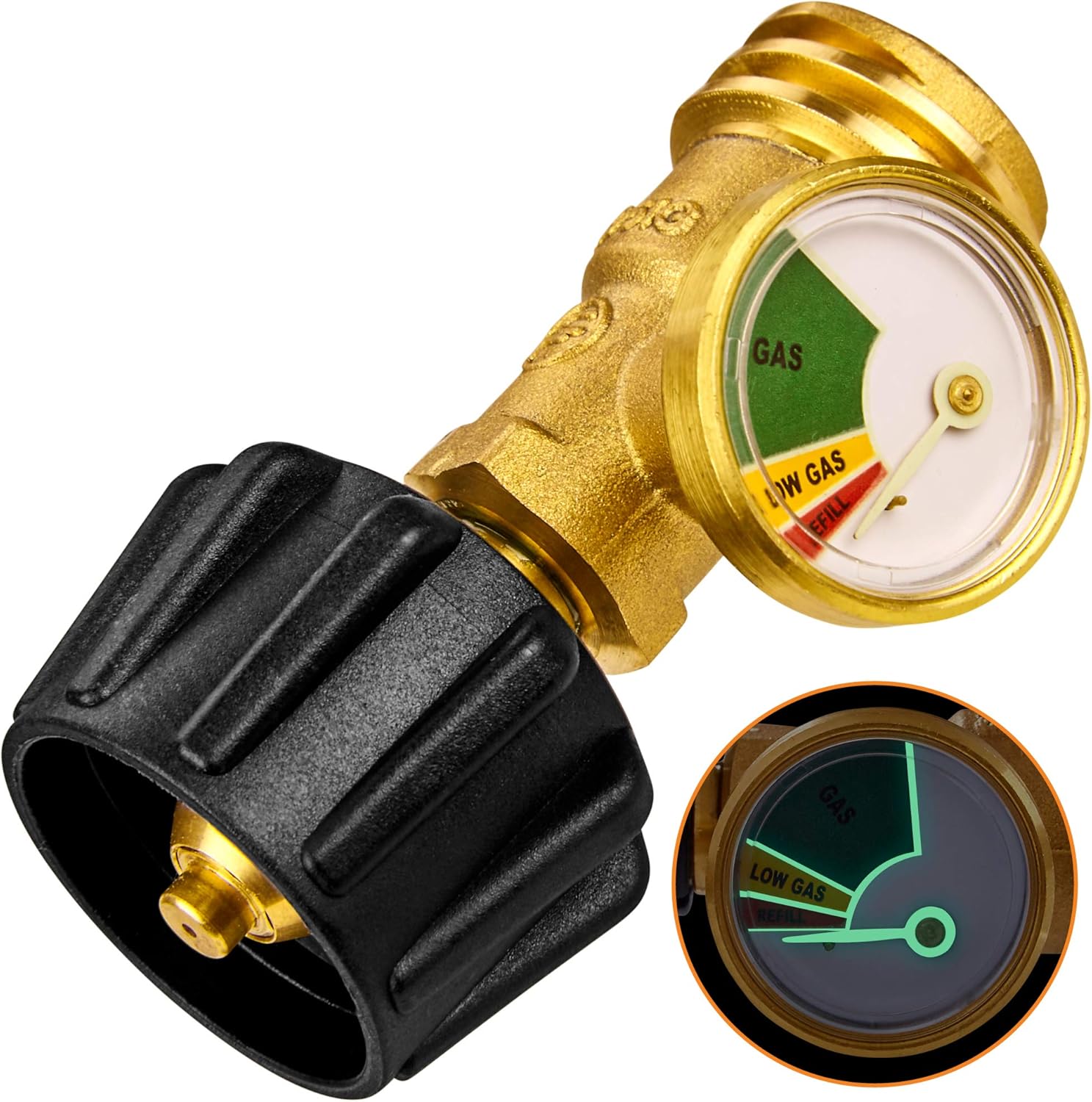 Propane gas level indicator gauge attached to RV propane tank for monitoring fuel levels