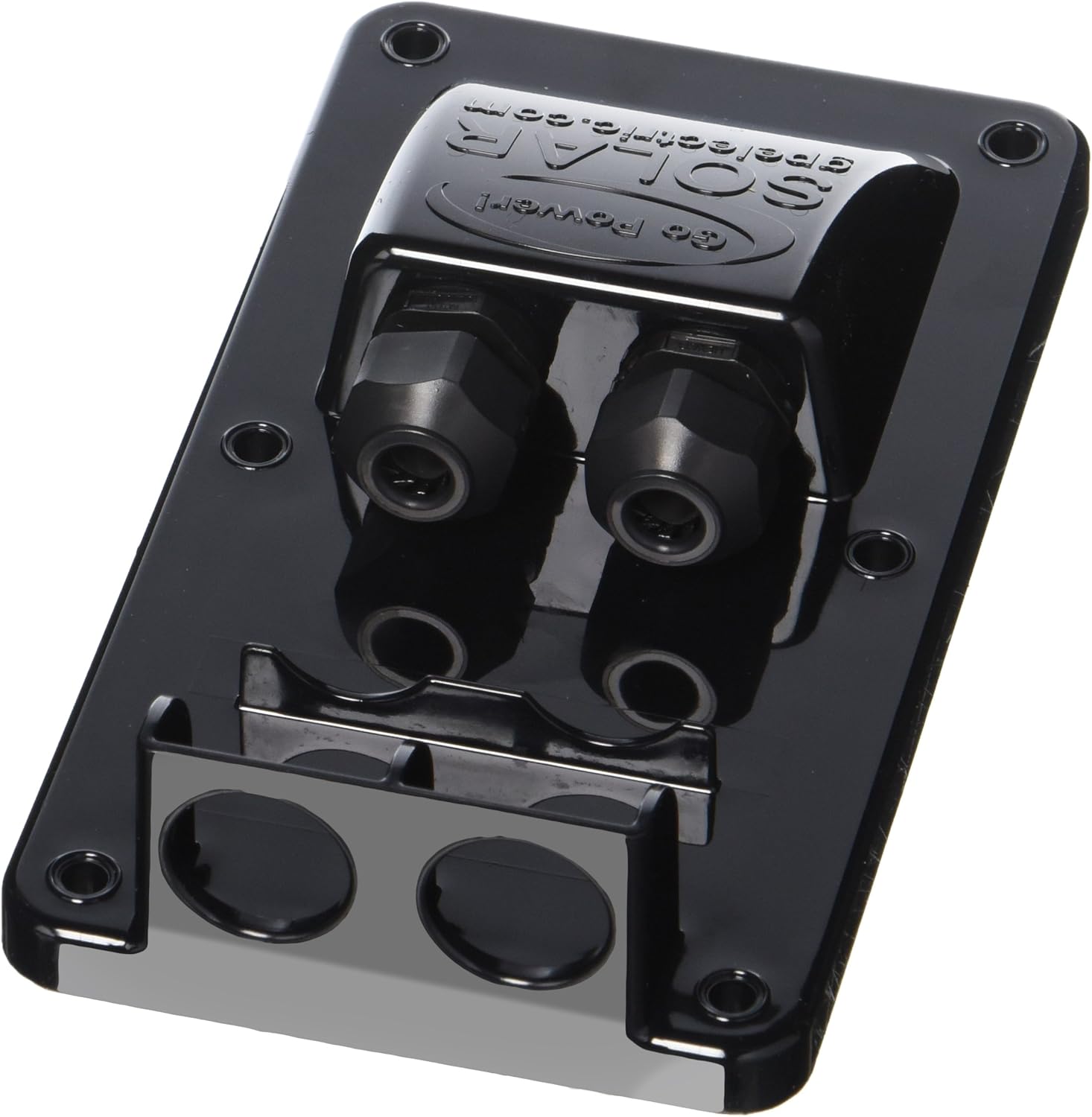 Black metal component with 'Evom' branding on a white background