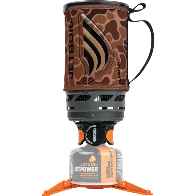 Camouflage-patterned camping stove with JETBOIL branding on a white background