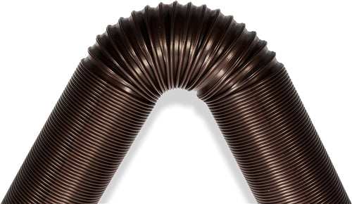 Black RV sewer hose extension compressible to 24 inches for storage