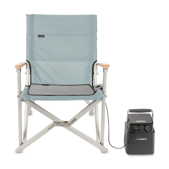 Dometic CMP-H1 seat heater compatible with 5V USB-A and 12V vehicle battery; adapters included, battery sold separately