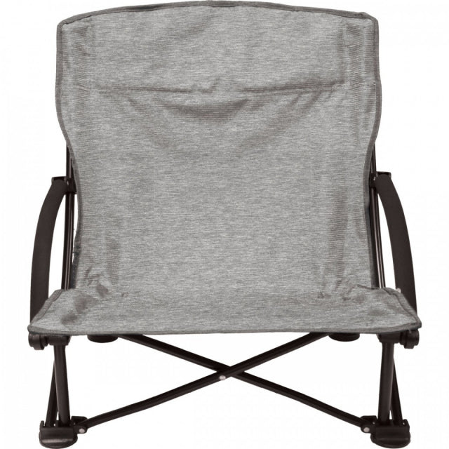 Gray folding chair with black frame on a white background