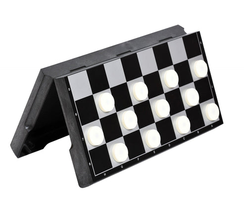 Portable magnetic chess and checkers game with folding game board