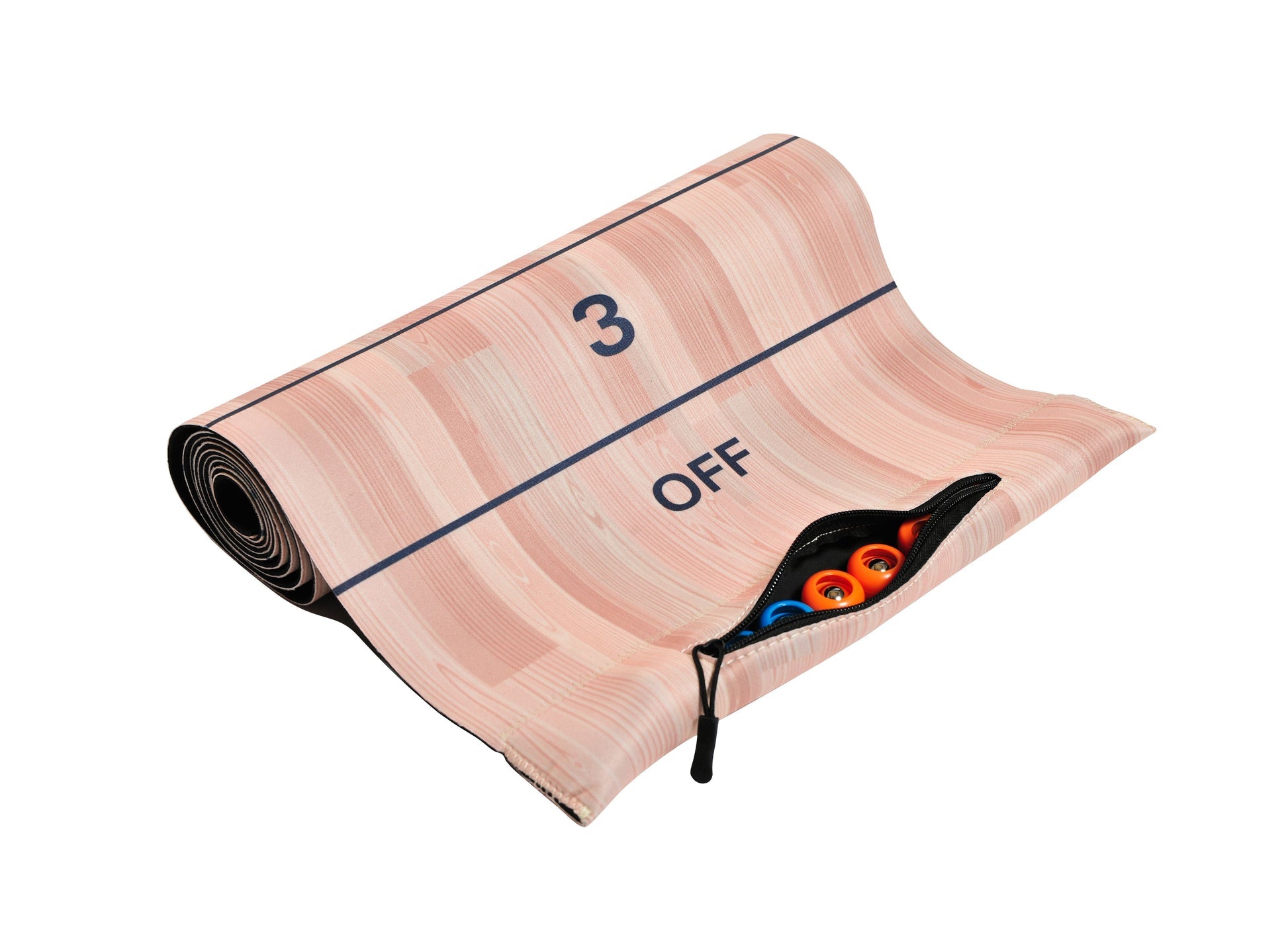 travel-friendly tabletop shuffleboard with roll-up mat