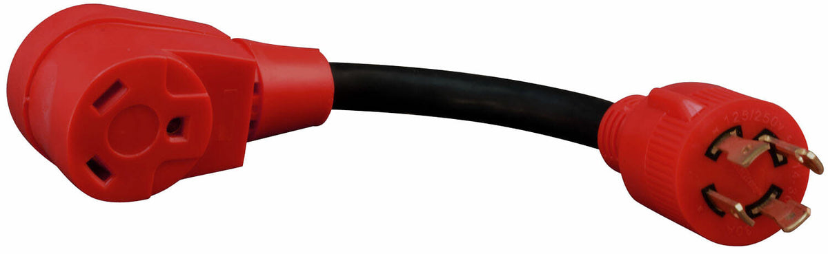 Close up of Valterra 4-prong twist-lock male and 30-amp female RV plug ends
