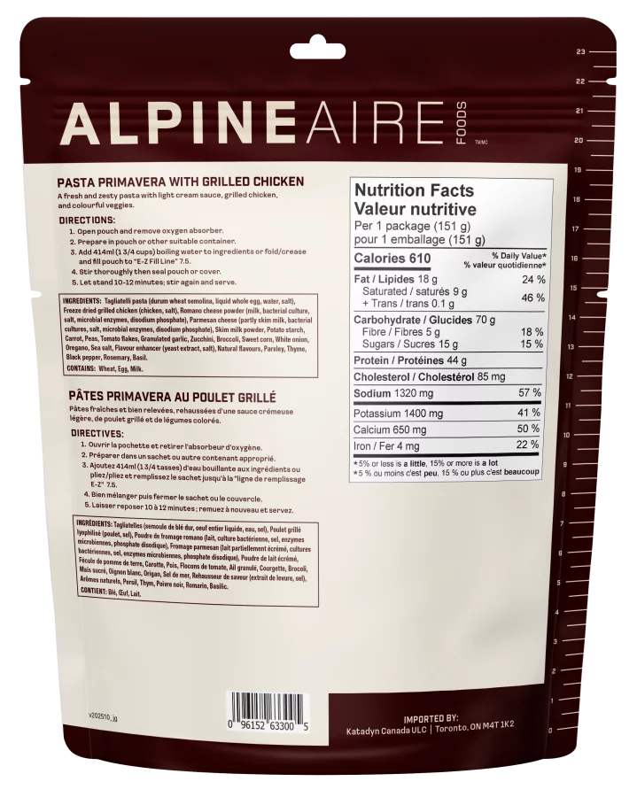 AlpineAire Pasta Primavera with grilled chicken, tagliatelle pasta and vegetables