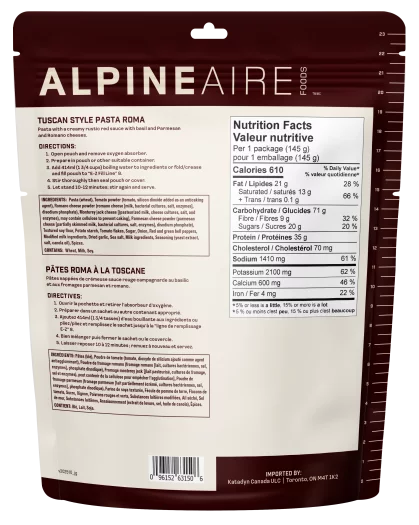 AlpineAire Tuscan Style Pasta Roma with creamy tomato basil sauce, Parmesan and Romano cheeses for camping and backpacking.