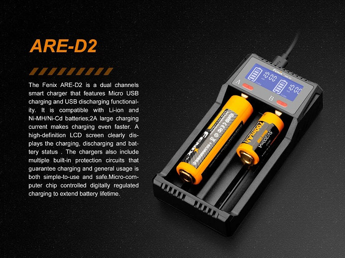 Fenix ARE-D2 dual bay smart battery charger with LCD screen