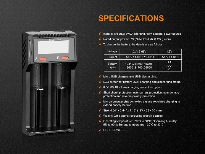 Battery charger with specifications on a black background