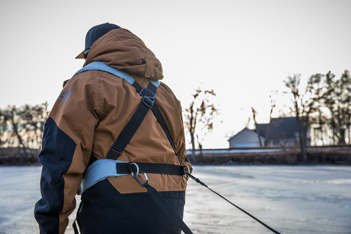 Clam sled harness with heavy-duty webbing and hardware