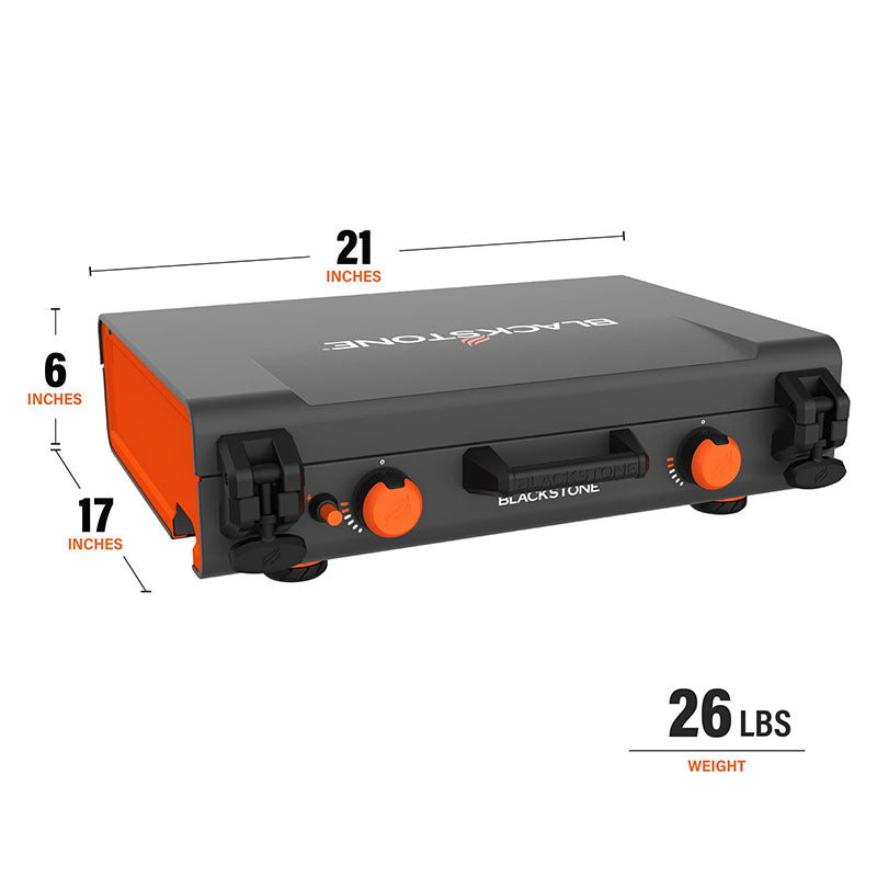 A close-up of the push-button ignition, adjustable leveling feet, and the stow-and-go rear grease cup, showcasing the thoughtful design features of the Blackstone Griddle.

