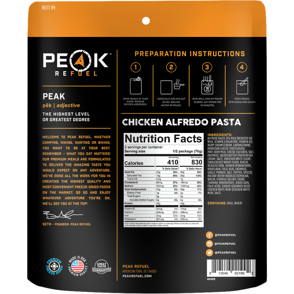 Peak Refuel Chicken Alfredo freeze dried meal pouch for camping and backpacking