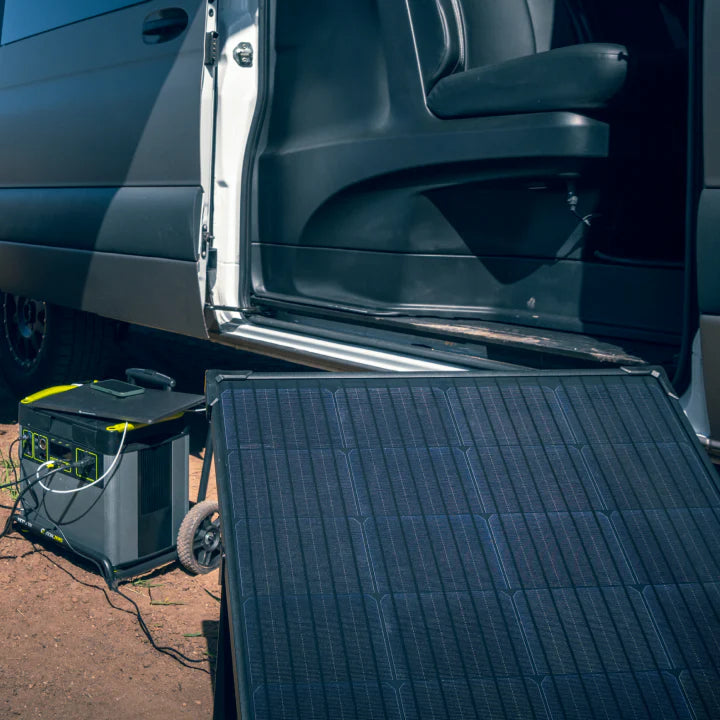Heavy-duty 200-watt solar panel system with hinged dual panels for fast portable charging
