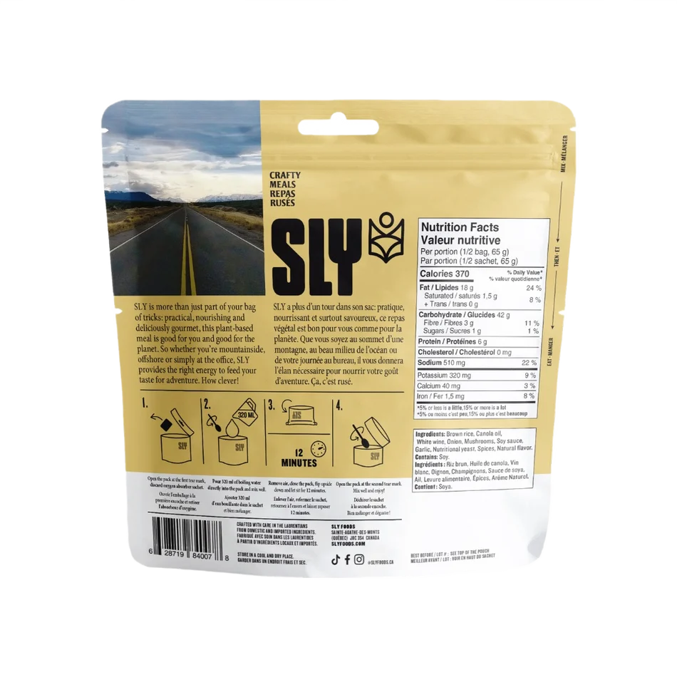 Freeze-dried mushroom risotto with brown rice and plant-based ingredients