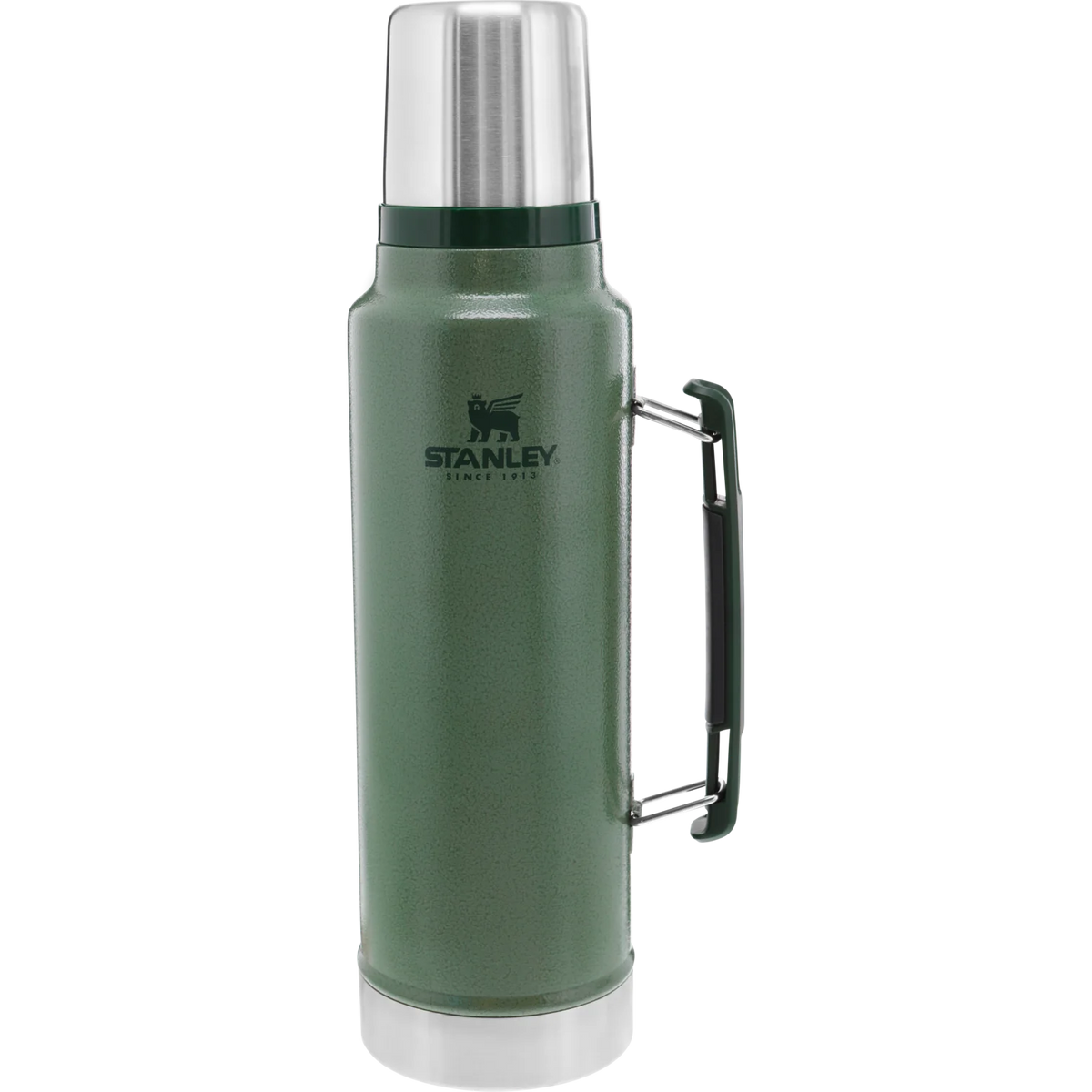 Durable stainless steel bottle in a classic design, set against a picturesque campsite backdrop. The bottle features a collapsible handle and insulated lid that doubles as a cup