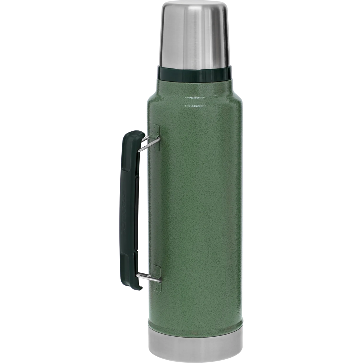 Close-up of the double-wall vacuum insulation and twist-and-pour stopper on a rugged stainless steel bottle, showcasing its leakproof design.