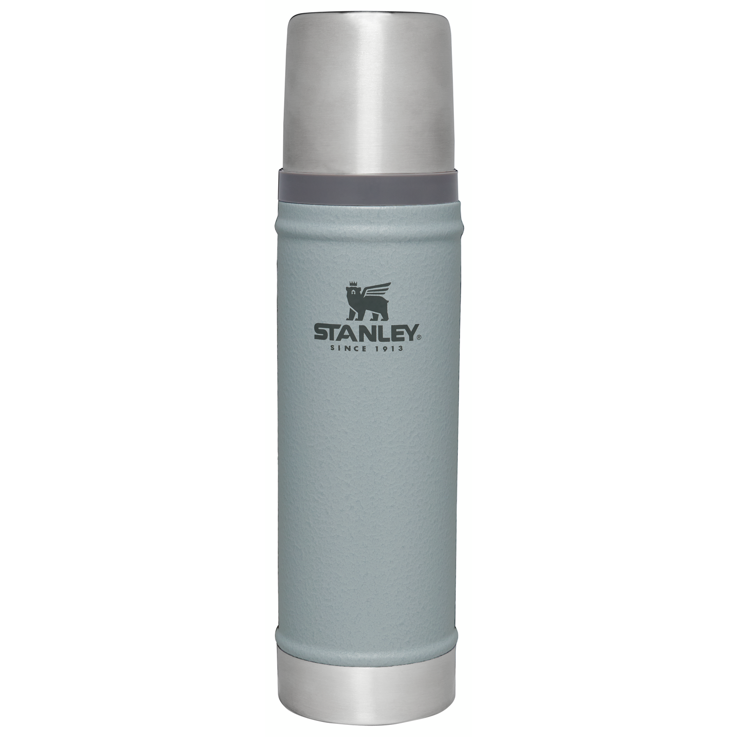 Gray Stanley thermos bottle on a white background