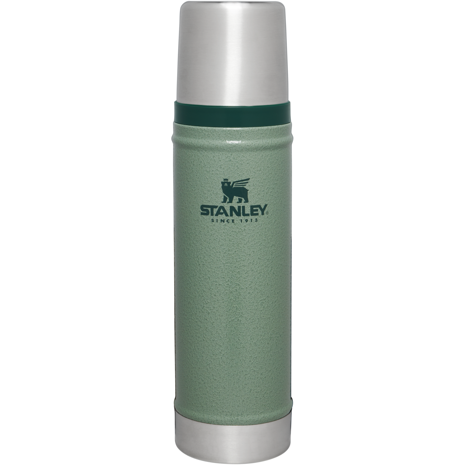 Green Stanley thermos bottle on a white background