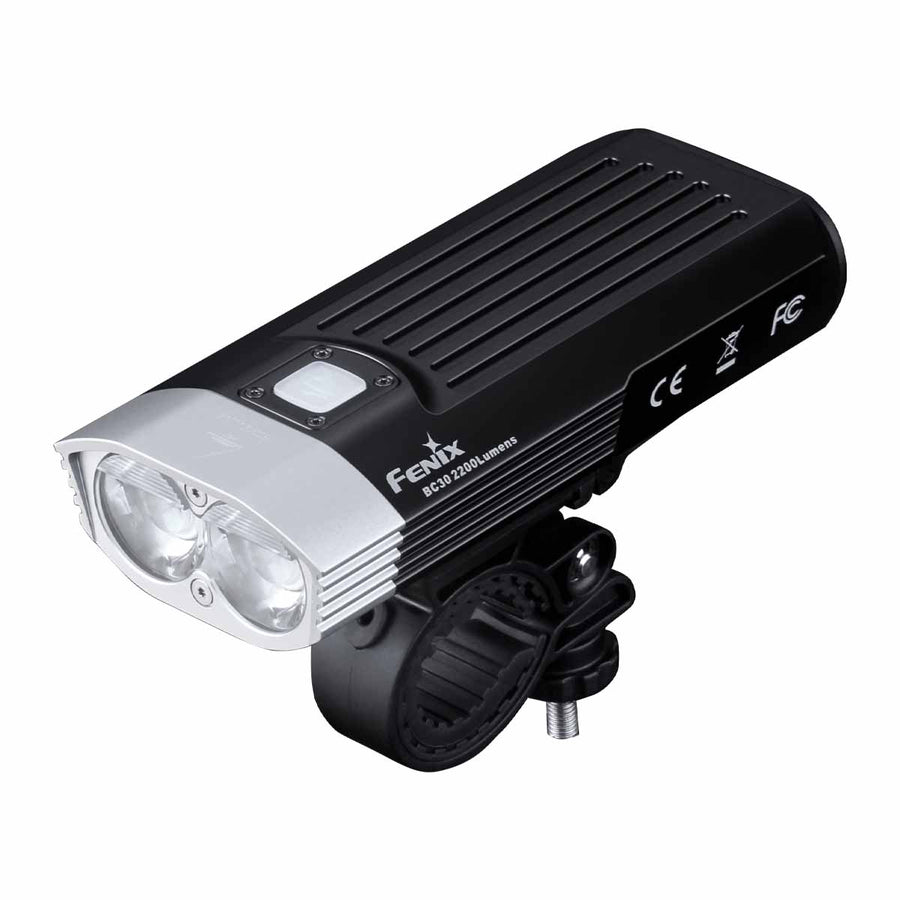 Fenix BC30 V2.0 bike light mounted on handlebars with 2200-lumen burst output