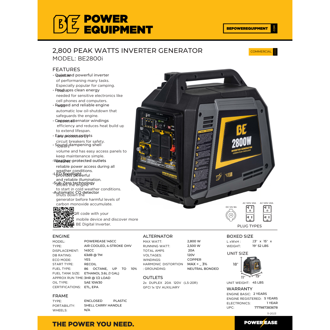 BE Power 2,800 Watt Digital Inverter Generator | 5 yr Engine Warranty | Only 45 lbs can run A/C