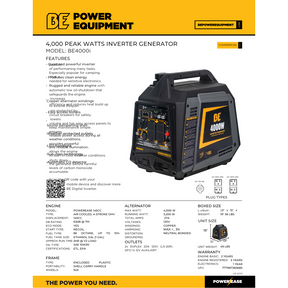 BE Power 4,000 Watt Quiet Digital Inverter Generator with 5 yr warranty weighs 49 lbs.