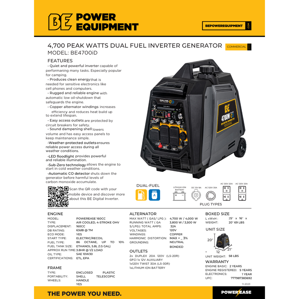 BE Power 4,700 Watt Quiet Dual Fuel Inverter Generator weighs 58 lbs ...