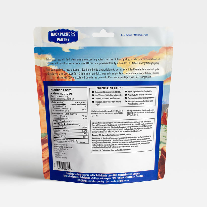Freeze-dried Tex-Mex beef and rice meal with pinto beans, cheddar cheese, corn and tomatoes
