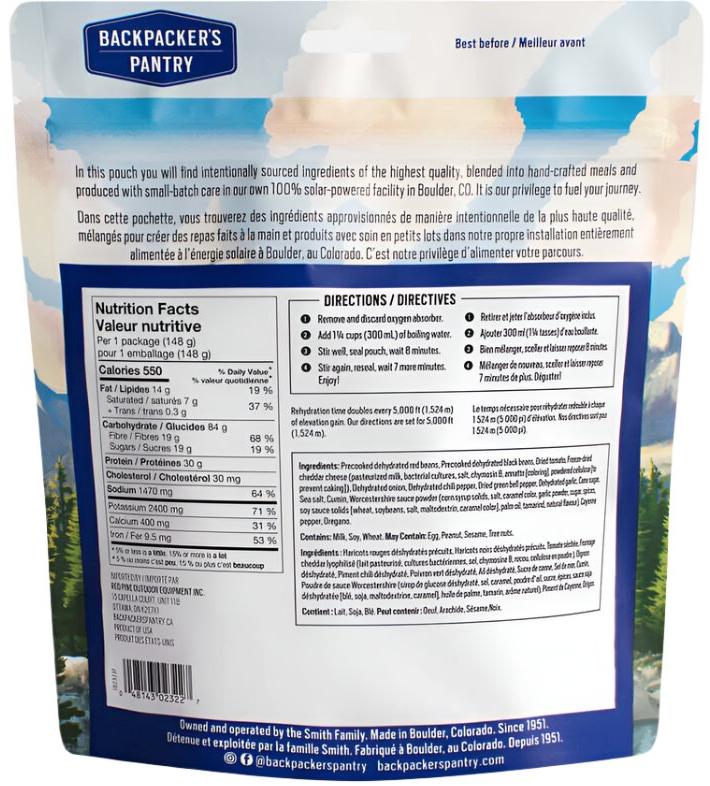 Freeze-dried vegetarian chili camping meal with black beans, pinto beans and classic chili spices