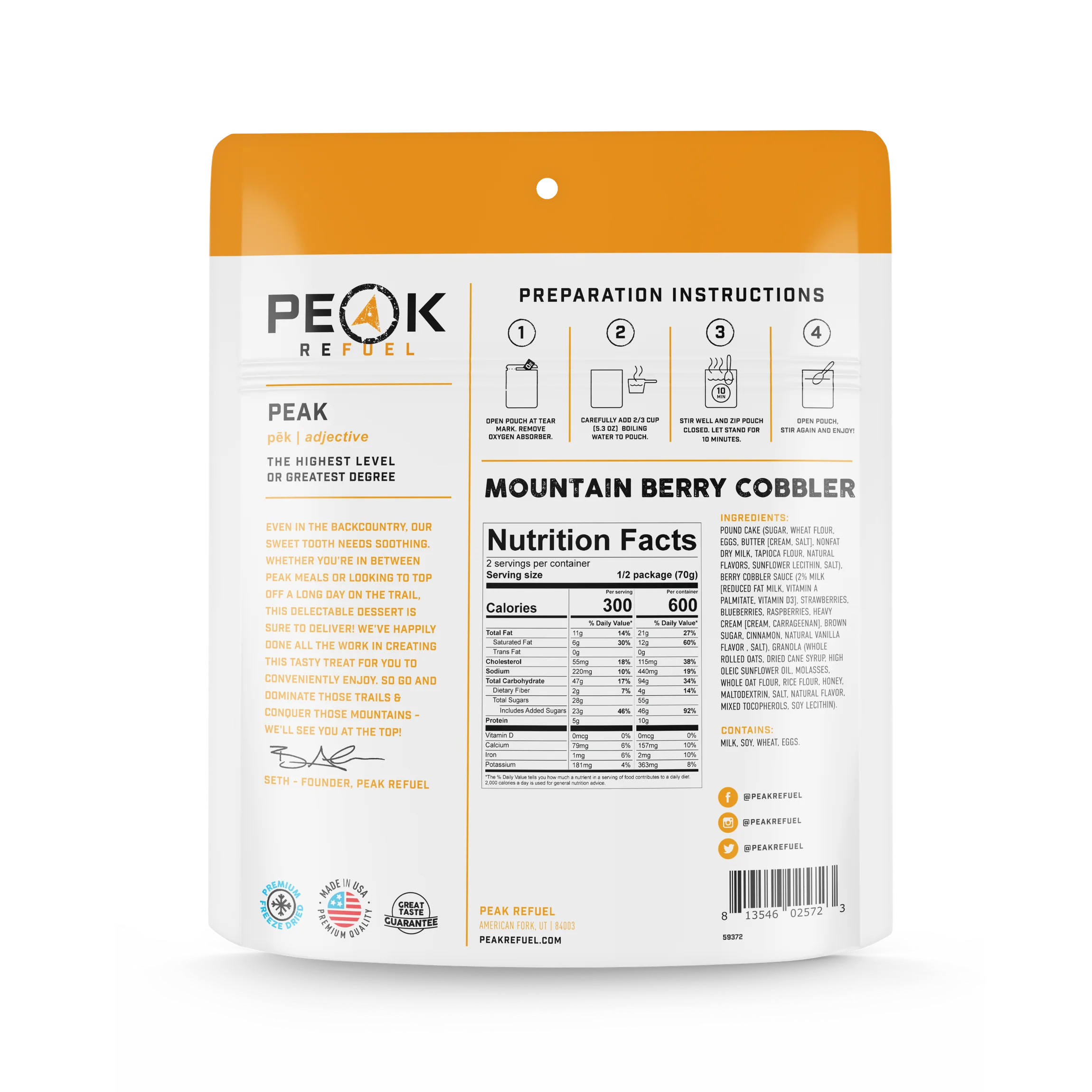 Freeze dried mountain berry cobbler backpacking dessert by Peak Refuel

