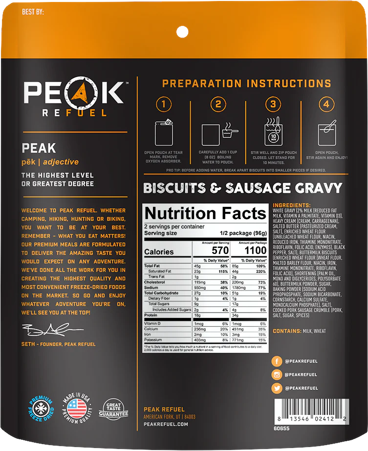 Freeze dried biscuits with sausage gravy backpacking breakfast meal