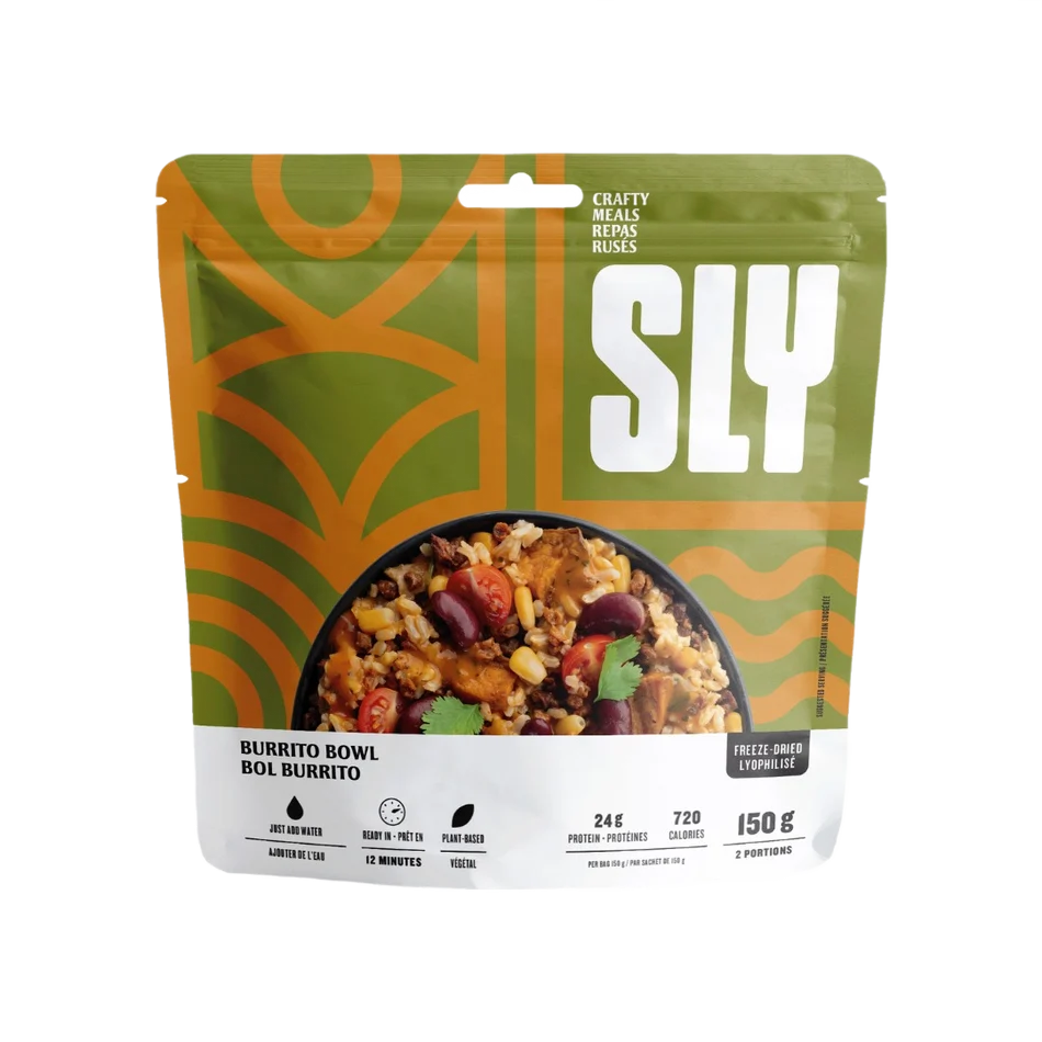 SLY Burrito Bowl freeze-dried meal with sweet potato, brown rice and plant-based protein