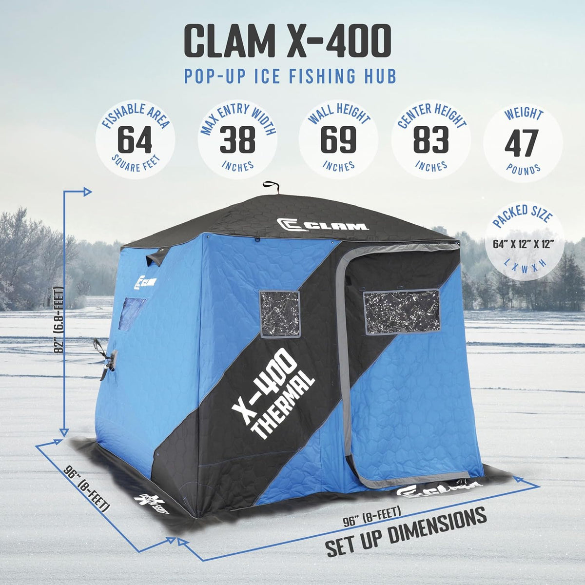 CLAM Portable X-400 4 Person Pop Up Ice Fishing Thermal Hub Shelter Tent-117479