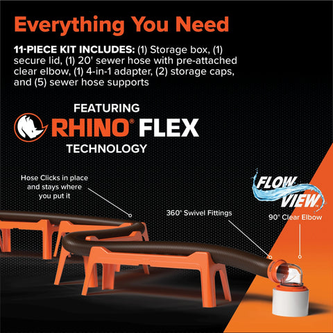 Heavy-duty 20 ft RhinoFLEX sewer hose with 4-in-1 adapter