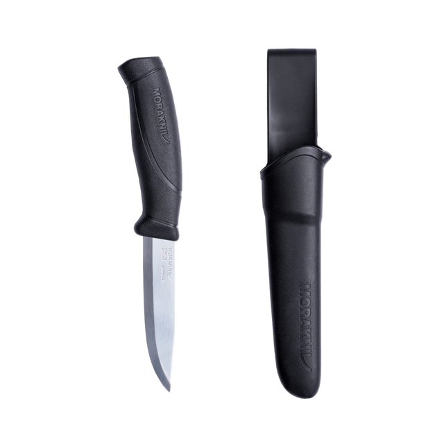Black knife with sheath on a white background