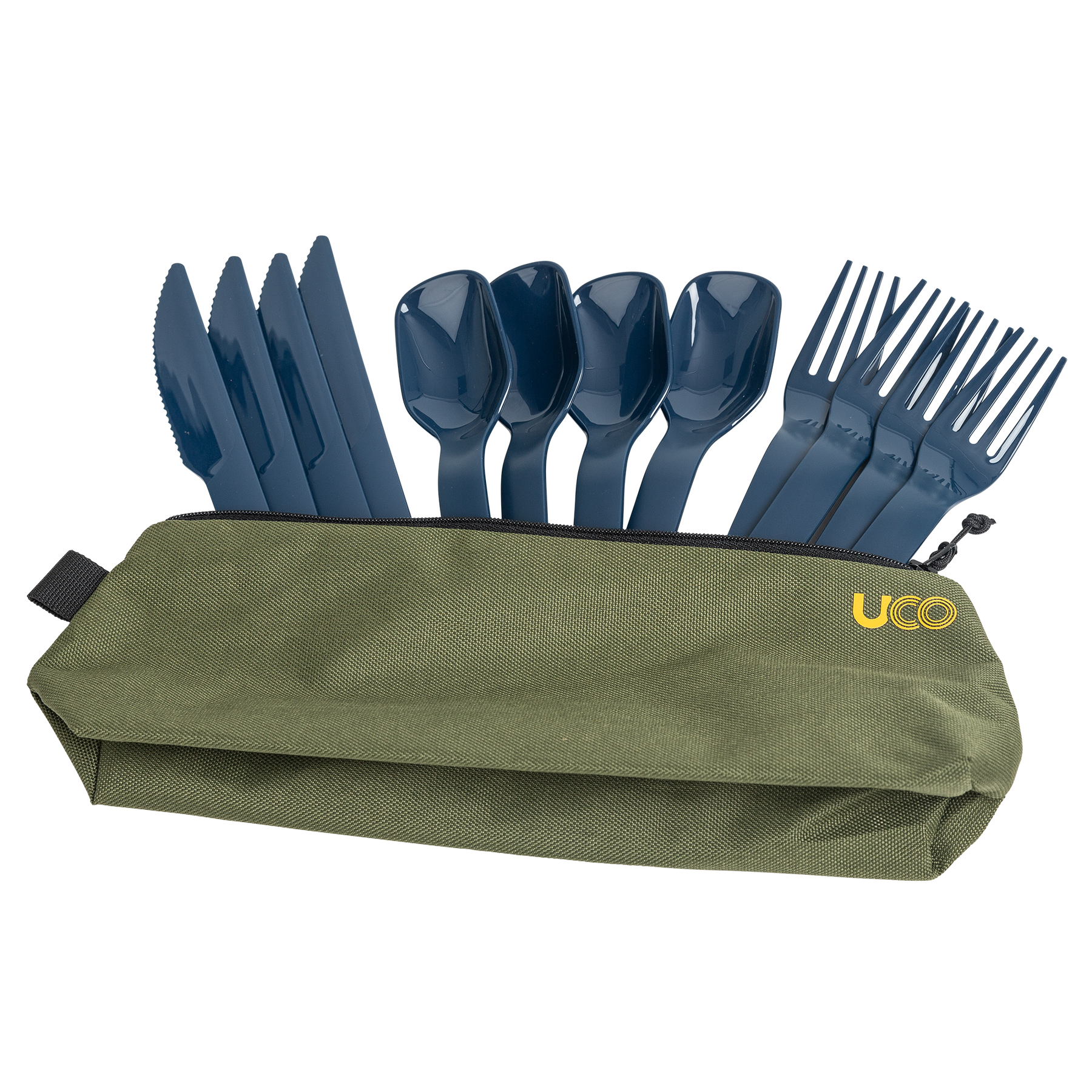 Reusable camping cutlery set with four full-size fork, knife, and spoon sets