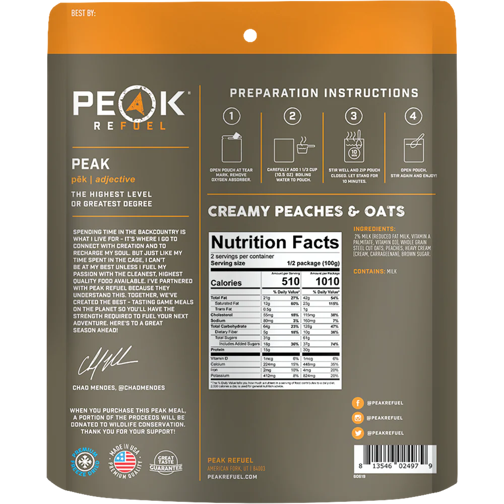 Freeze dried peaches and oats camping food ready with water