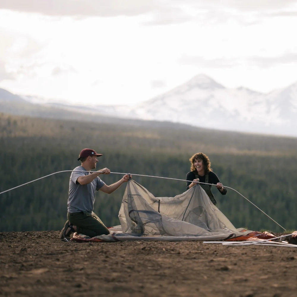 Interior of tent showing three overhead mesh storage pockets